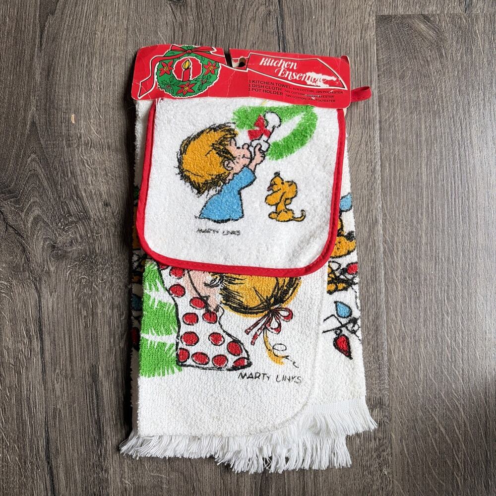 Vintage Christmas Dish Towel, Dish Cloth & Pot Holder Marty Links New